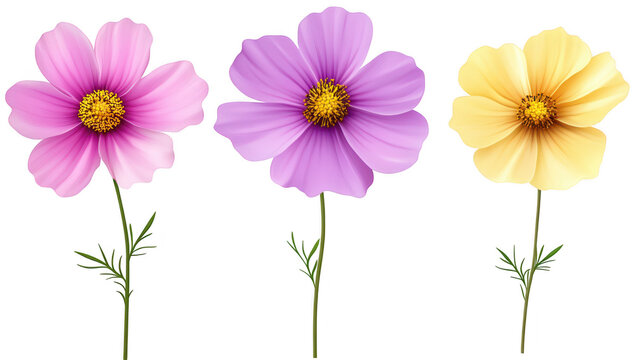 A display of three distinct flowers in pink. purple. and yellow hues. each standing tall with green stems. set against a clean white background. ideal for nature-themed designs and illustrations