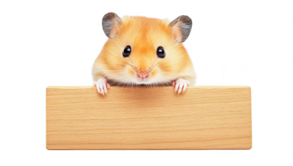 A cute hamster peeking over a wooden sign. its adorable features and bright eyes. set against a clean white background. perfect for pet-related content or animal photography