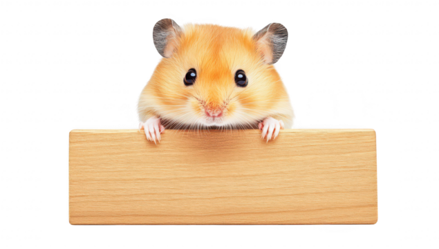 A cute hamster peeking over a wooden sign. its adorable features and bright eyes. set against a clean white background. perfect for pet-related content or animal photography