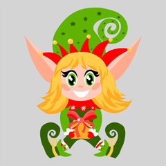 Illustration of a cheerful Christmas elf girl with blonde hair, big green eyes, and festive costume. She holds a wrapped gift box, perfect for holiday cards, posters, prints, and seasonal projects.