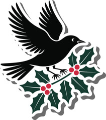 Christmas bird with holly branch silhouette vector