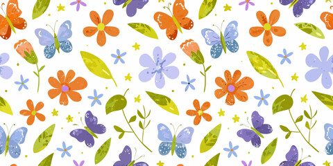 Seamless pattern of colorful butterflies and delicate flowers with green leaves and yellow stars on a white background