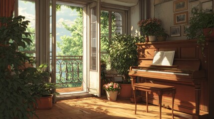 Cozy retro music corner with an old piano, soft natural light, and balcony doors opening to a garden view
