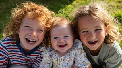 Fototapeta premium Three children posing for a family photo outdoors.