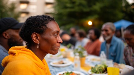 Group of people enjoying a meal together outdoors during daylight hours.