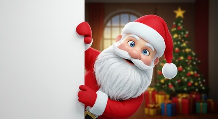 Santa Claus peeking behind sign Christmas background