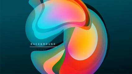 Abstract colorful shapes overlap, creating dynamic fluid design. Dark background emphasizes vibrant gradients, smooth transitions.