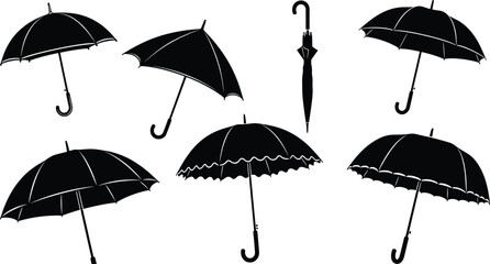 Umbrella icon set, assorted dome, scalloped, and closed canopy designs, black silhouette weather protection symbols, vector illustration © PixelsWorld