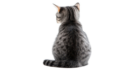 A cute gray tabby cat sitting calmly. facing away from the camera. against a clean white background. its soft fur and serene posture. perfect for pet-related content