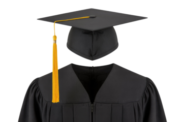 Black graduation gown and cap with gold tassel, isolated on transparent background. background removed