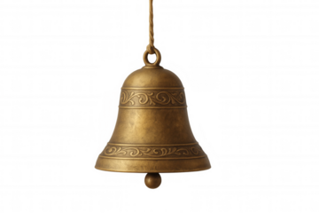 Vintage golden brass bell hanging, ornate classical design, old antique metal object with transparent background