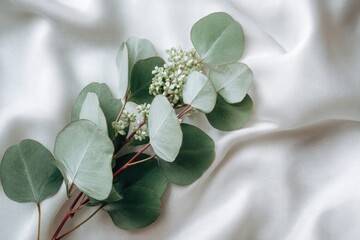 A sprig of eucalyptus with delicate white blossoms rests on a smooth, off-white fabric, creating a serene and minimalist scene