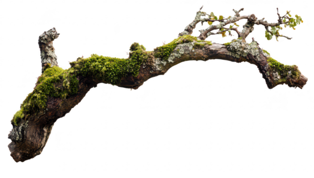 A close-up view of a moss-covered tree branch intricate textures and greenery. set against a plain white background. ideal for nature-themed projects or designs