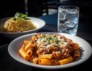 Sunlit restaurant table showcasing two pasta dishes; one rigatoni bolognese, the other buttered spaghetti, alongside a glass of iced water