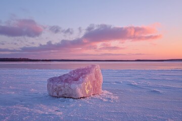 A large, translucent pink crystal rests on a snow-covered frozen lake at sunset, under a pastel sky