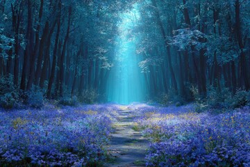 Ethereal blue forest path, bathed in soft light, lined with vibrant purple wildflowers, leading to a mystical, sunlit clearing
