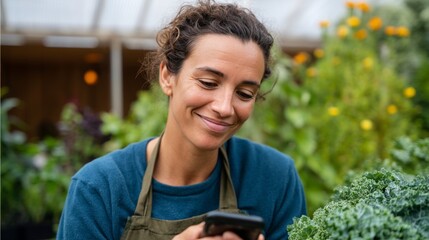 Woman smiling at cell phone in garden center.