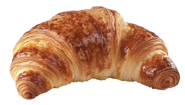 A freshly baked. golden-brown croissant placed on a clean white background. its flaky layers and buttery texture. ideal for culinary articles. baking tutorials. or food photography