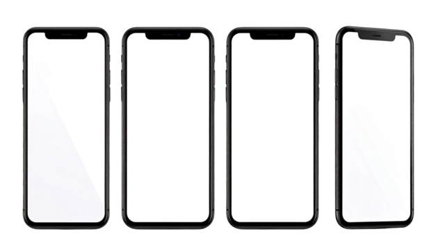 Four blank smartphones, black frames, white screens