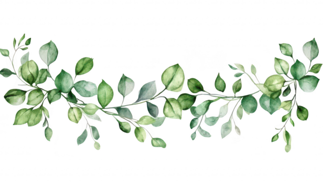 A delicate watercolor illustration of lush green leaves intertwined. creating a harmonious border design against a white background. ideal for invitations or nature-themed decor