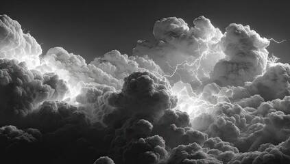 A dramatic black and white image of a stormy sky, filled with dark, brooding clouds illuminated by intense, jagged lightning bolts