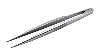 Sleek, silver, metallic tweezers with a slightly textured grip and pointed tips, isolated on a black background