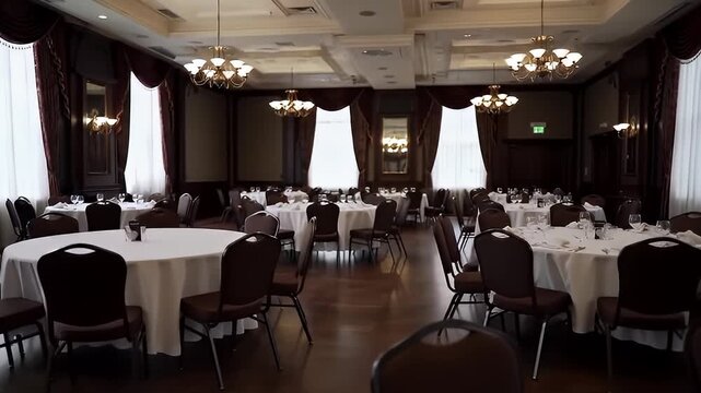 Elegant Ballroom with Round Tables White Linens and Brown Chairs for Event Setup