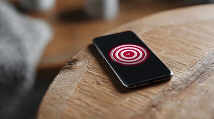 A smartphone displays a target achievement graphic on a dark screen placed on a textured wooden table