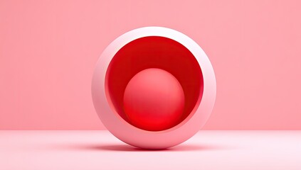 A pale pink sphere with a recessed, vibrant red interior cradles a smaller, similarly hued sphere against a matching backdrop