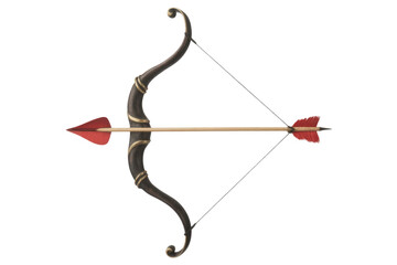 A classic recurve bow with a red-feathered arrow, isolated on a transparent background. background removed