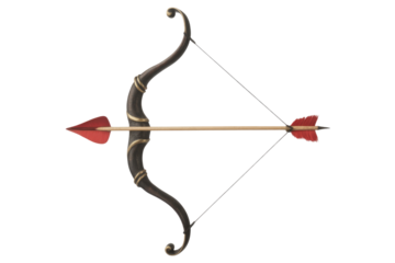 A classic recurve bow with a red-feathered arrow, isolated on a transparent background. background removed