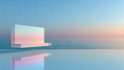 Minimalist pastel-hued platform floats above calm ocean at sunset, reflecting on still water