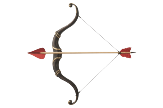 A classic recurve bow with a red-feathered arrow, isolated on a transparent background. background removed