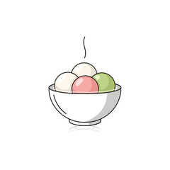 A white bowl filled with colorful mochi balls, including pink, green, and white, with a wisp of steam rising from the top.