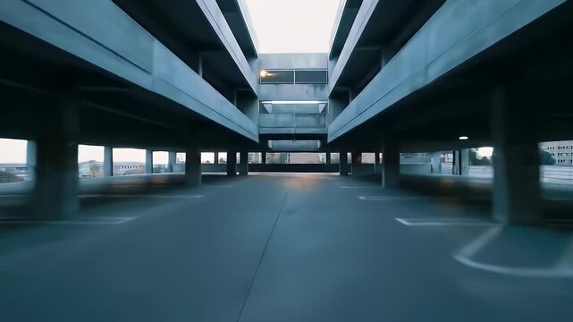 Empty Dark Gray Parking Garage Interior with Concrete Pillars and Dim Lighting