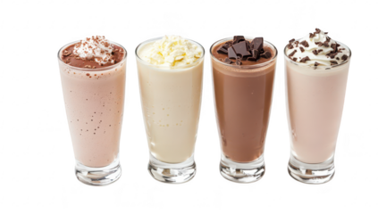 A delightful display of four creamy milkshakes in tall glasses. flavors of chocolate. vanilla. and strawberry. garnished with whipped cream and chocolate shavings. set against a clean white background