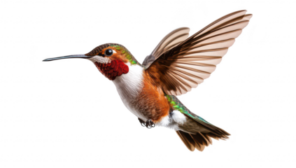 A hummingbird in mid-flight its iridescent feathers and rapid wing movement against a clean white background. ideal for nature-themed projects or educational material