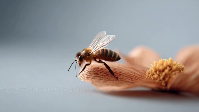 Honey bee pollinating orange flower petal, delicate wings and fuzzy body highlighted against soft gray backdrop, capturing intricate details of essential pollinator