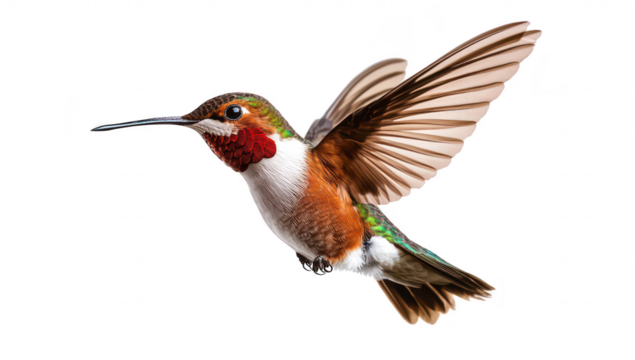 A hummingbird in mid-flight its iridescent feathers and rapid wing movement against a clean white background. ideal for nature-themed projects or educational material