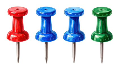 Four colorful pushpins in red, blue, blue, and green.  Each pin features a smooth, rounded head and a metallic gray pushpin point