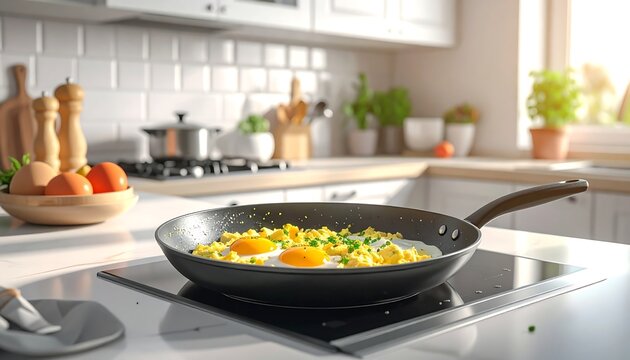 Sunny kitchen, freshly cooked eggs in pan