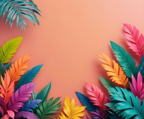 Tropical Leaf Frame with Vibrant Colors on Orange Background – Exotic Botanical Design, Summer Theme, High-Resolution Digital Art