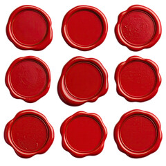 Nine round, vibrant red wax seals arranged in a grid.  Each seal is smooth, glossy, and shows a slightly uneven texture
