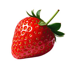 Close-up of a single, vibrant red strawberry.  Fresh, ripe berry with green leaves and stem.  Perfect for a healthy food graphic