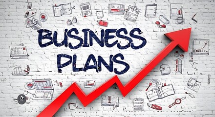 Business plans painted on a brick wall with red arrow pointing up and business related sketches around it