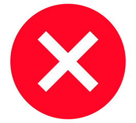 Bold red prohibition X symbol, minimalist circular design with white cross for warning labels,...