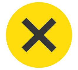Fototapeta premium Bright yellow prohibition X symbol, minimalist circular design with black cross for caution signs, digital alerts, and UI restrictions. PNG with transparent background.