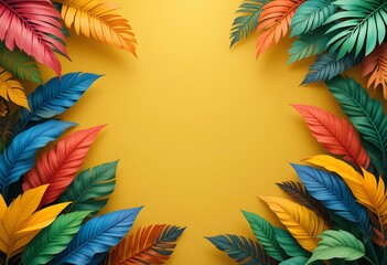 Tropical Leaf Frame with Vibrant Colors on Yellow Background – Exotic Botanical Design, Summer Theme, High-Resolution Digital Art