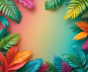 Vibrant Tropical Leaf Border with Rainbow Gradient Background – Exotic Botanical Design, Summer Theme, High-Resolution Digital Art