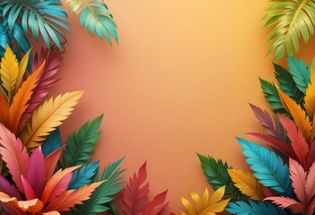 Tropical Leaf Frame with Vibrant Colors on Orange Background – Exotic Botanical Design, Summer Theme, High-Resolution Digital Art